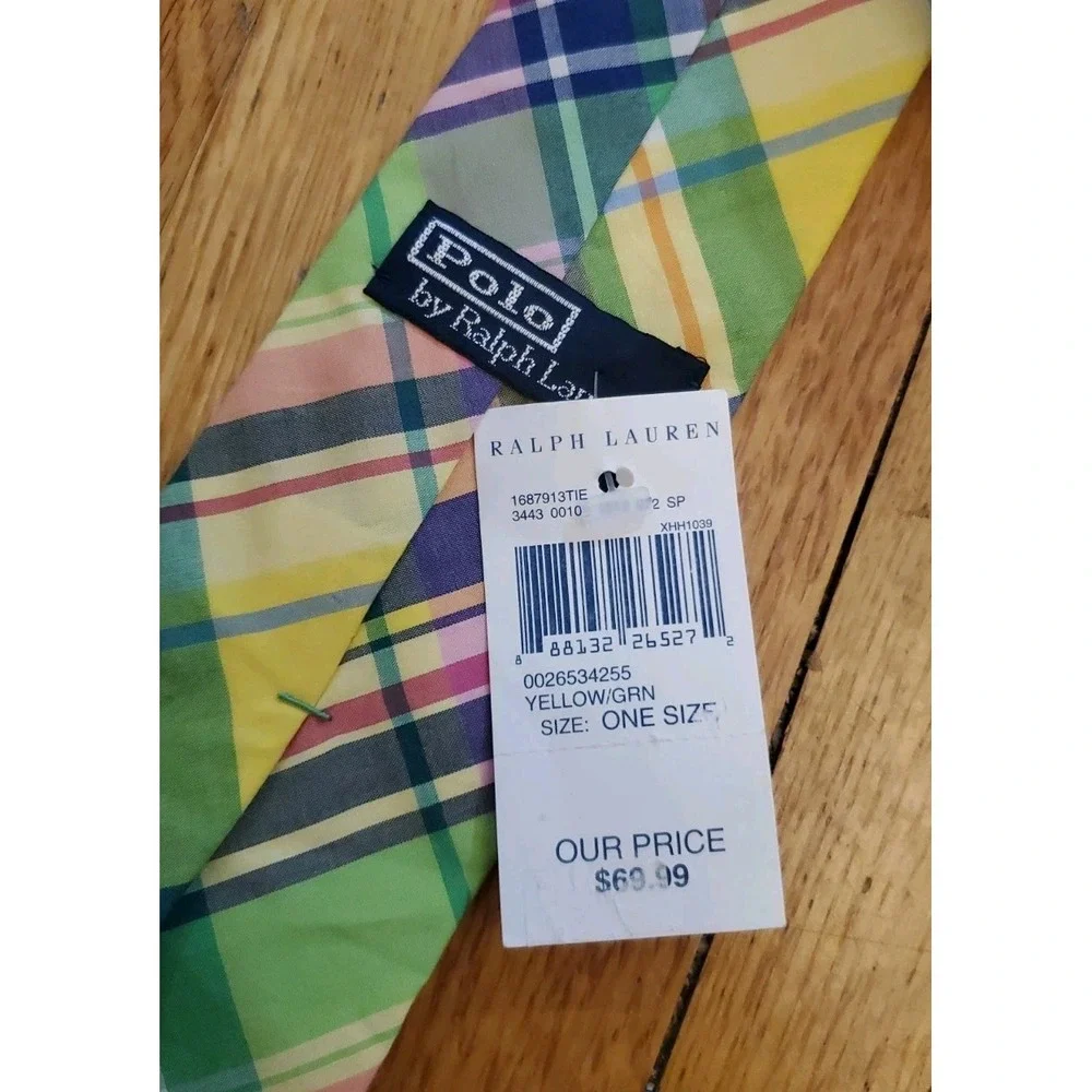 POLO by Ralph Lauren 100% Cotton Neck Tie Yellow & Green Plaid Flannel NEW